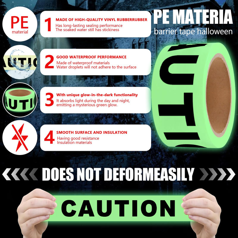Glow in The Dark Tape Halloween Caution Tape Decorations 2inx32.8ft Crime Scene Construction Warning Glow Tapes Roll Indoor Outdoor Barricade Safety Night Stairs Exit Door Walls Danger Areas