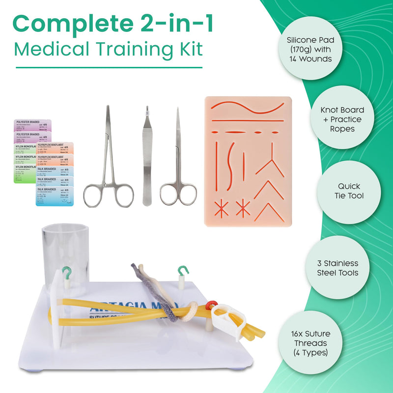 [Australia - AusPower] - Suture Practice Kit and Surgical Knot Tying Board, Complete Medical Training Set with Silicone Pad, Suturing Tools, Knot Board with Durable Rope, and Quick Tie Tool, Ideal for Medical Students Board & Suture Kit 