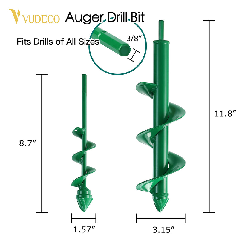 VUDECO Garden Auger Drill Bit for Cordless Drill - 2 PCS, Bulb Planter Tool, Spiral Drill Bit, Earth Planting Auger - Green
