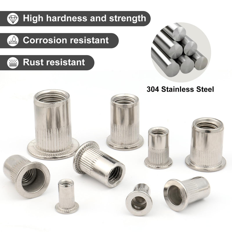 [Australia - AusPower] - 100Pcs Metric Rivet Nut Kit, Rivet Nuts Assortment M4 M5 M6 M8 M10, 304 Stainless Steel Rivnut, Flat Head Threaded Insert Nut, Knurled Body (VG30529) Metric Kit-100 304 Stainless Silver 