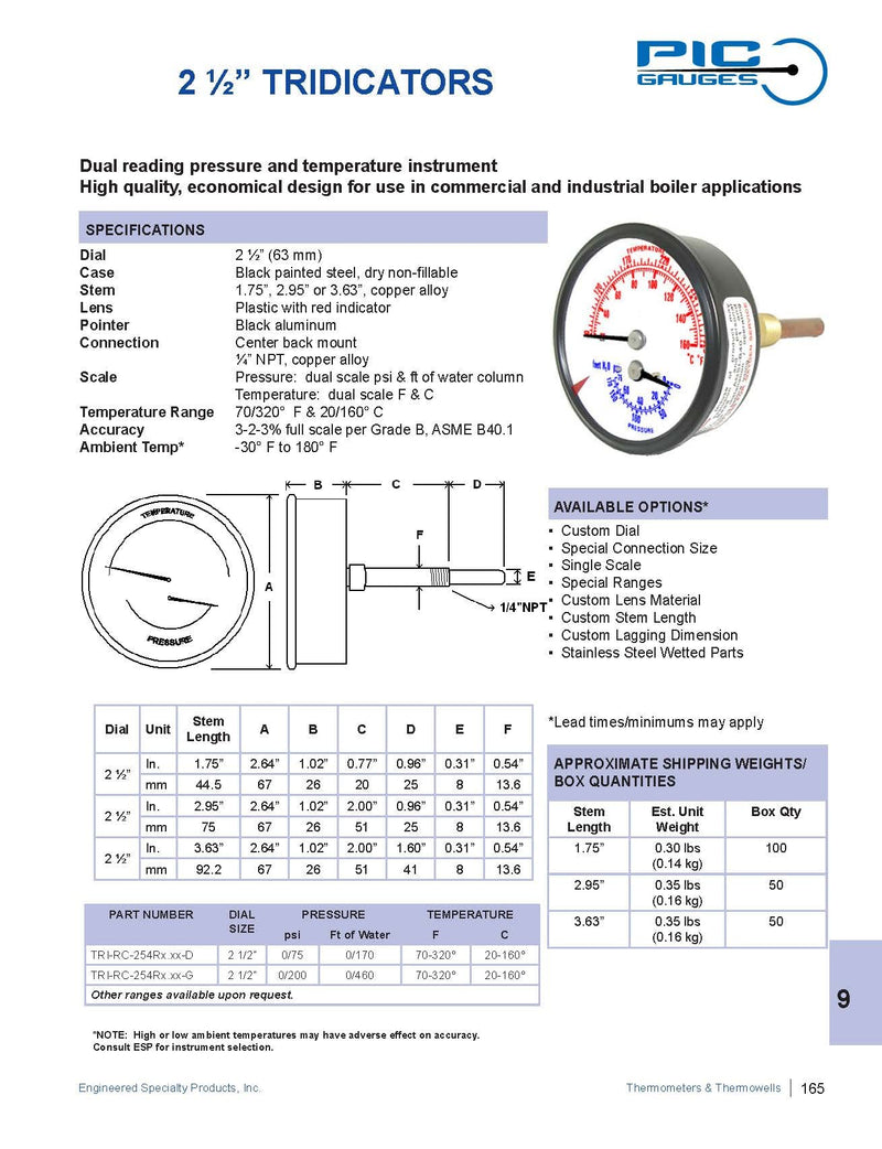 PIC Gauges TRI-RC-254R1.75-D Commercial Tridicator, Black Steel Case, Bronze Internals, Plastic Lens w/ Red Indicator, 2.5" Dial, 1.75" Stem Length, 0/75 psi Range, 1/4" Male NPT 0 - 75 PSI