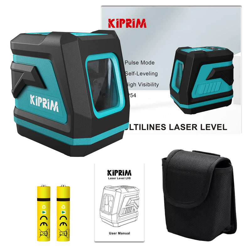 Kiprim Green Laser Level Upgraded LV8 with Enhanced Visibility,Adjustable Brightness,Manual/Self Leveling/Pulse Mode,Batteries and Carrying Pouch Included 2 Laser Beams
