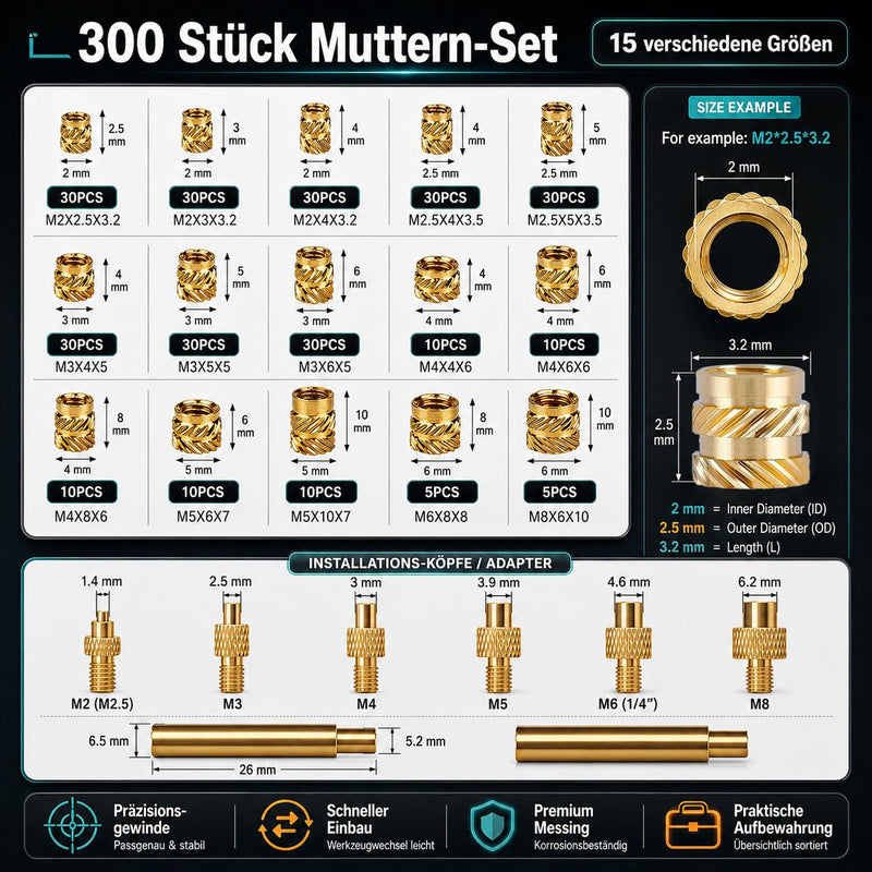 Threaded Inserts Set 310 Pieces Brass with Soldering Tips M2-M8 | 60W 180-500°C Rotary Knob, 300 Pieces Brass Melting Nuts Soldering Tips for 3D Printing & Plastic