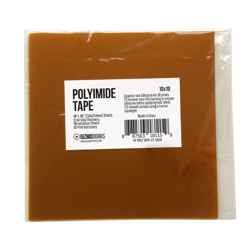 Gizmo Dorks Kapton Tape (Polyimide) for 3D Printer Build Plate, 10 x 10 inches, 10 Sheets per Pack