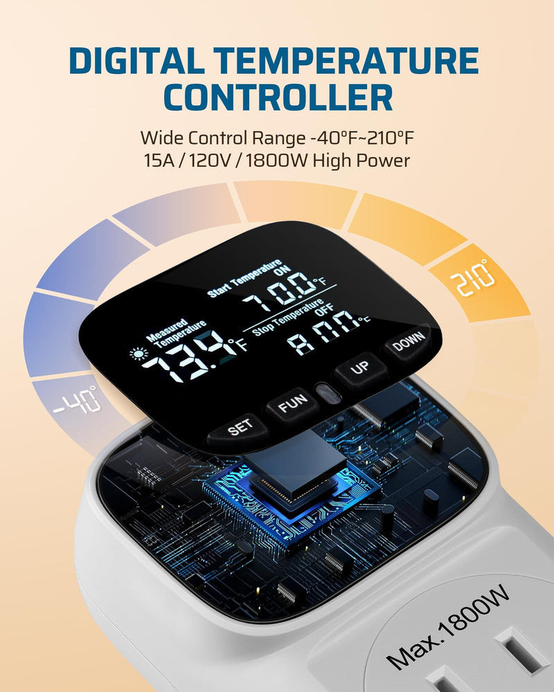 [Australia - AusPower] - Digital Temperature Controller,Fahrenheit Display,15A/1800W Thermostat Outlet Plug, Plug in Thermostat,Heating Cooling Control Timer, -40℉~210℉, Cyclic Timing/Countdown, for Home/Greenhouse 