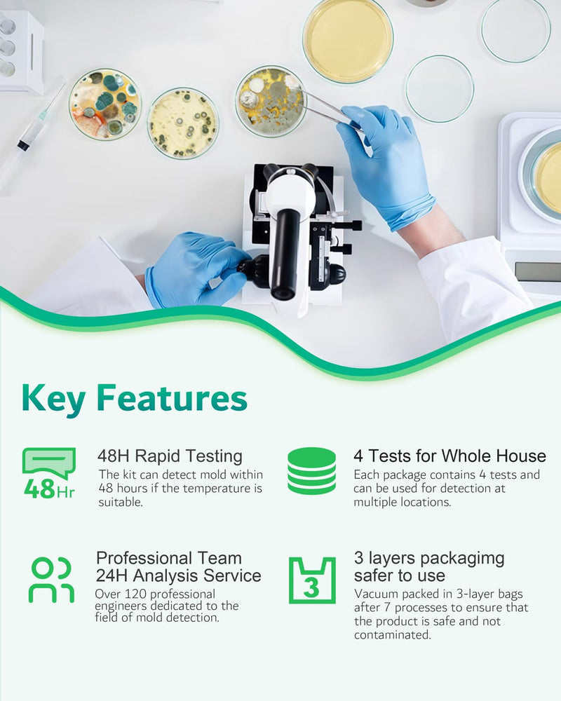 Mold Test Kit for Home - 4 Easy Detection Tests for HVAC, Surfaces & Indoor Air Quality, DIY Black Mold Detector Testing Kit at Home, with Detailed Identification Aid & 5 x Magnifying
