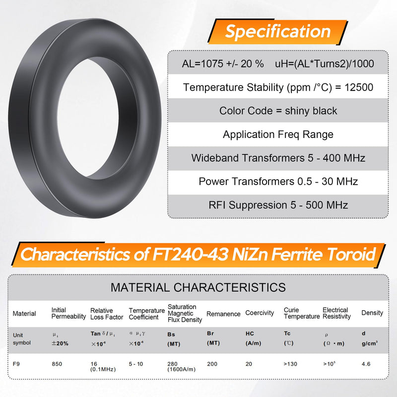 [Australia - AusPower] - Toroid Ferrite Core Compatible with FT240-43 Ferrite Ring 2.4” to Reduce Signal Loss for RFI EMI RF HF Wires Suppression, EFHW and Power Transformers 1 