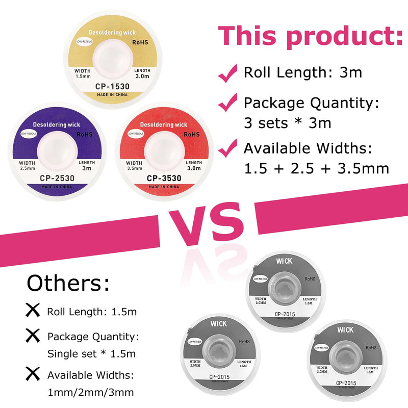 [Australia - AusPower] - Pack of 3 Desoldering Braids - Copper Desoldering Wire (1.5 mm x 3 m, 2.5 mm x 3 m, 3.5 mm x 3 m) | Ideal for Desoldering and Removing Solder at Solder Points | High Thermal Conductivity Soldering 