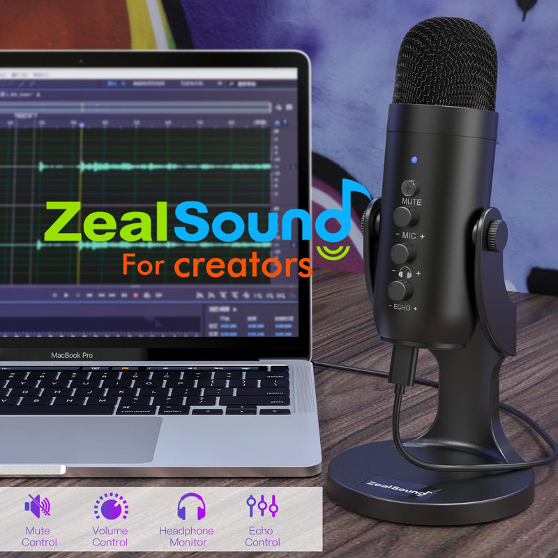 [Australia - AusPower] - ZealSound USB Microphone,Condenser Computer PC Mic,Plug&Play Gaming Microphones for PS 4&5.Headphone Output&Volume Control,Mic Gain Control,Mute Button Vocal,YouTube Podcast on Mac&Windows(Black) Black 