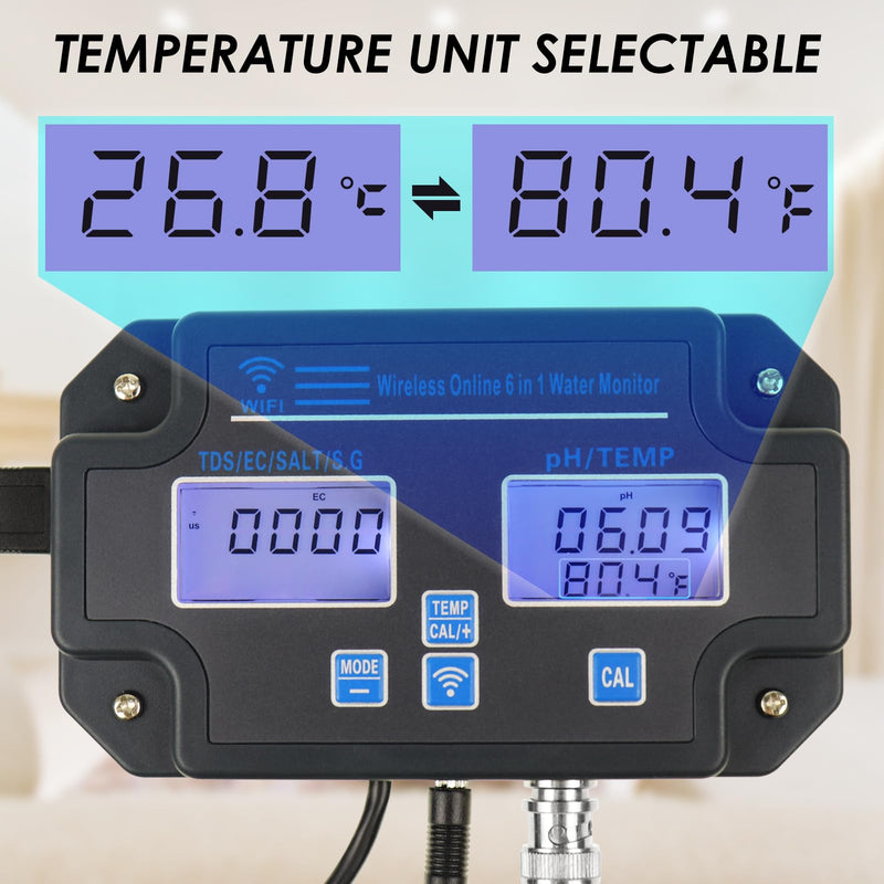 [Australia - AusPower] - 6 in1 PH Meter for Water Hydroponics Accuracy Digital PH Tester pH/EC/TDS/Salt/SG/Temperature Meter with Wireless Wi-Fi PH Monitor via Mobile APP for Household Drinking, Pool and Aquarium 