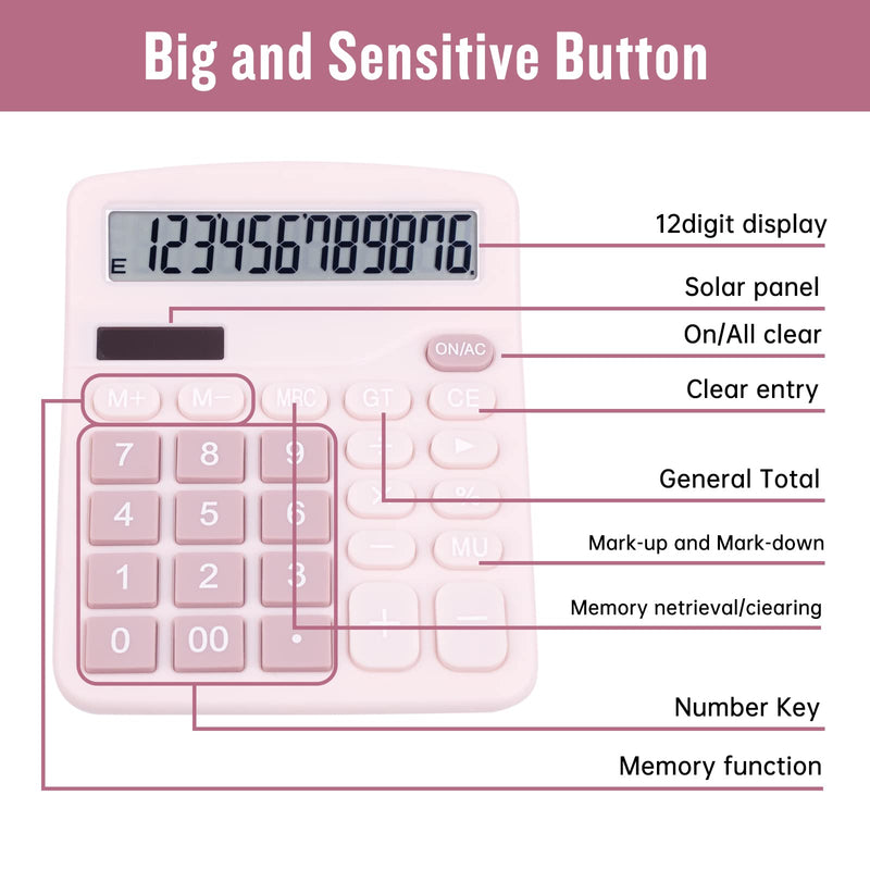 [Australia - AusPower] - Cute Pink Desktop Calculator with Big Buttons, Dual Power Source, Solar and Battery, Large Display Screen - Perfect for Office, Teachers, and Students (Pink) 
