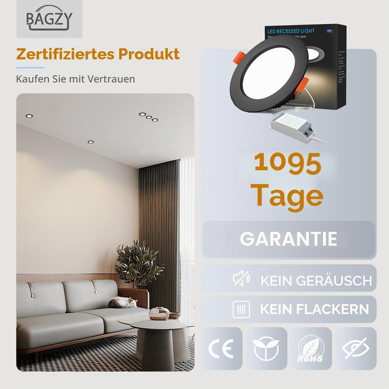 BAGZY LED Recessed Spotlights 220 V Black Spotlights Flat 5 W 500 Lumen Set of 5 Cool White 6000 K Cut-Out 70-80 mm CRI 80 Recessed Ceiling Spotlight for Bedroom Bathroom Living Room 5W+5 Stück