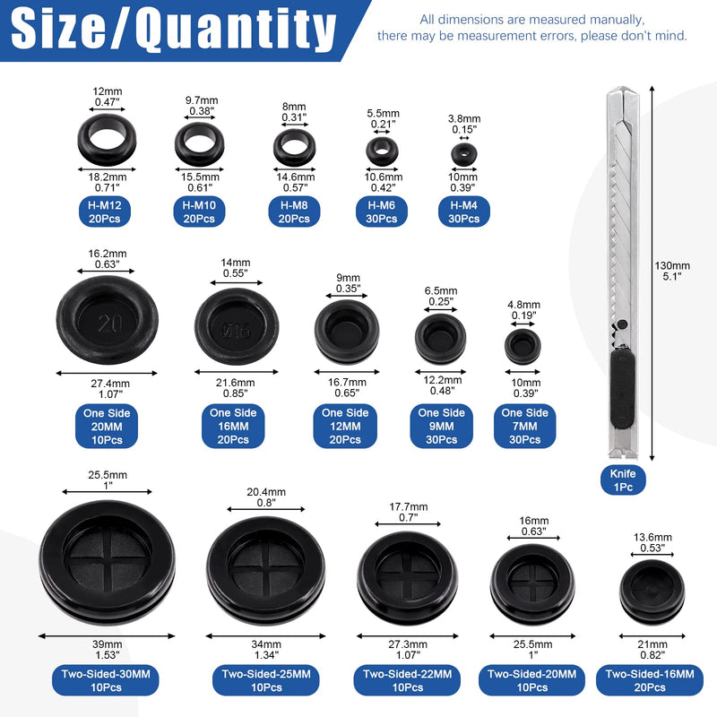 Glarks 291Pcs Rubber Grommets Set Including 110Pcs 5 Size One Sided Firewall Hole Plug & 60Pcs 5 Size Double Sided Rubber Grommets & 120Pcs 5 Size Hollow Rubber Gasket Assortment Kit & 1Pc Knife 290Pcs Single + Double Sided Rubber Grommet