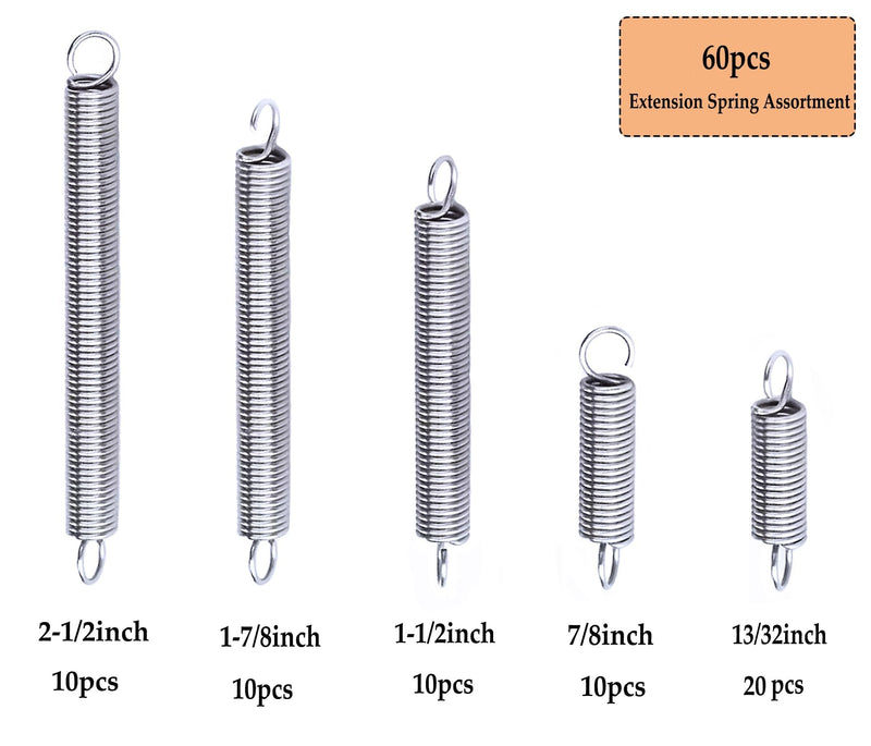 [Australia - AusPower] - 60pcs Extension Spring Assortment Kit, 0.035" Wire Diameter, 1/4" Outside Diameter, 13/32" to 2-1/4" Length, Stainless Steel Mechanical Small Extension Springs with Hook Ends 