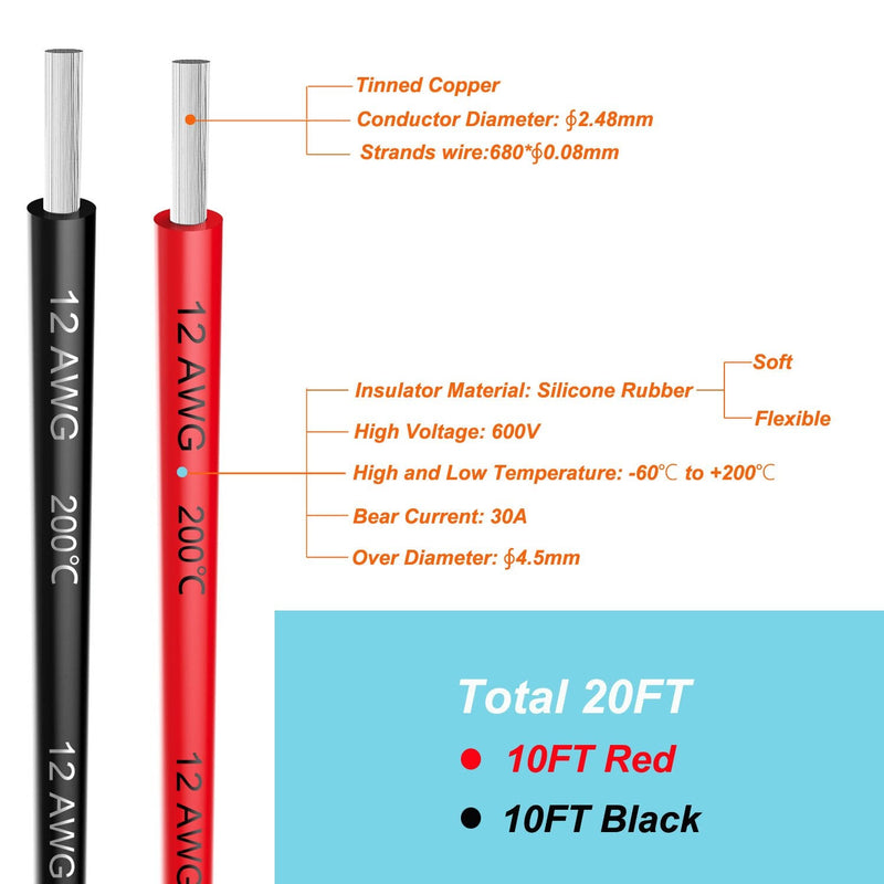 [Australia - AusPower] - Electrical Wire 12 AWG 12 Gauge Silicone Wire Hook Up Wire Cables 20 Feet [10 ft Black and 10 ft Red] Soft and Flexible 680 Strands 0.08 mm of Tinned Copper Wire High Temperature Resistance 2 Colors each 10FT 12AWG 