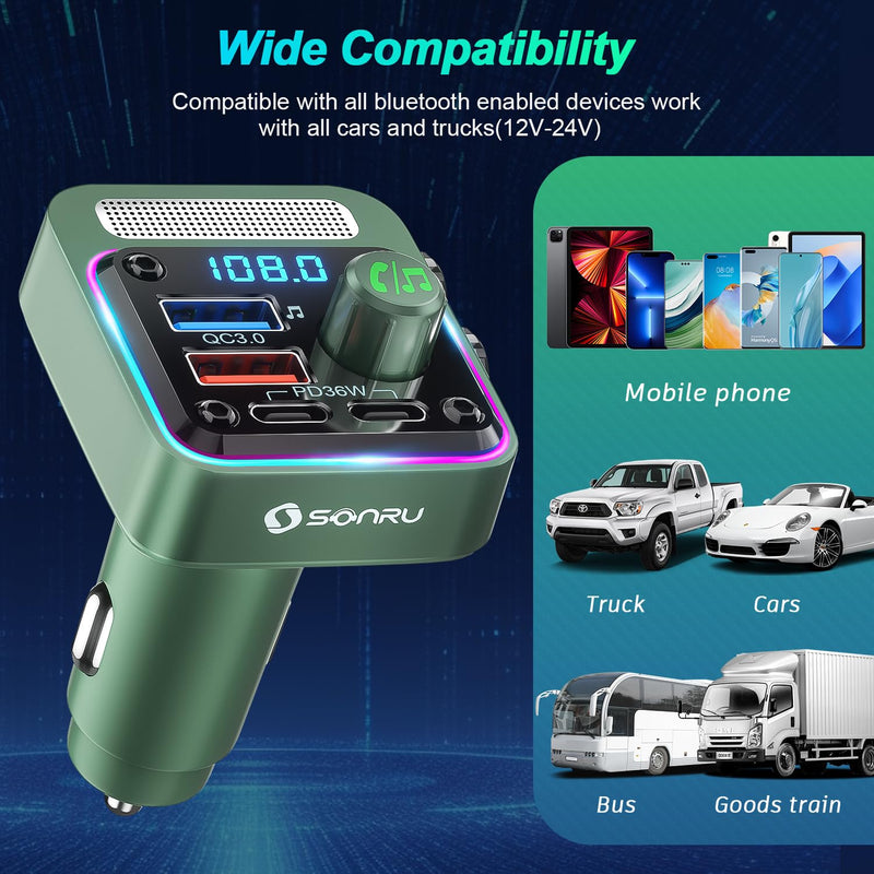 [Australia - AusPower] - Bluetooth 5.3 FM Transmitter Car Adapter - SONRU Car Charger 54W [PD 36W & QC3.0 18W], Wireless FM Radio Transmitter [HiFi Treble & Bass Player], 5 Colors LED Backlit, Hands-Free Calling, U-Disk FT1018-US 