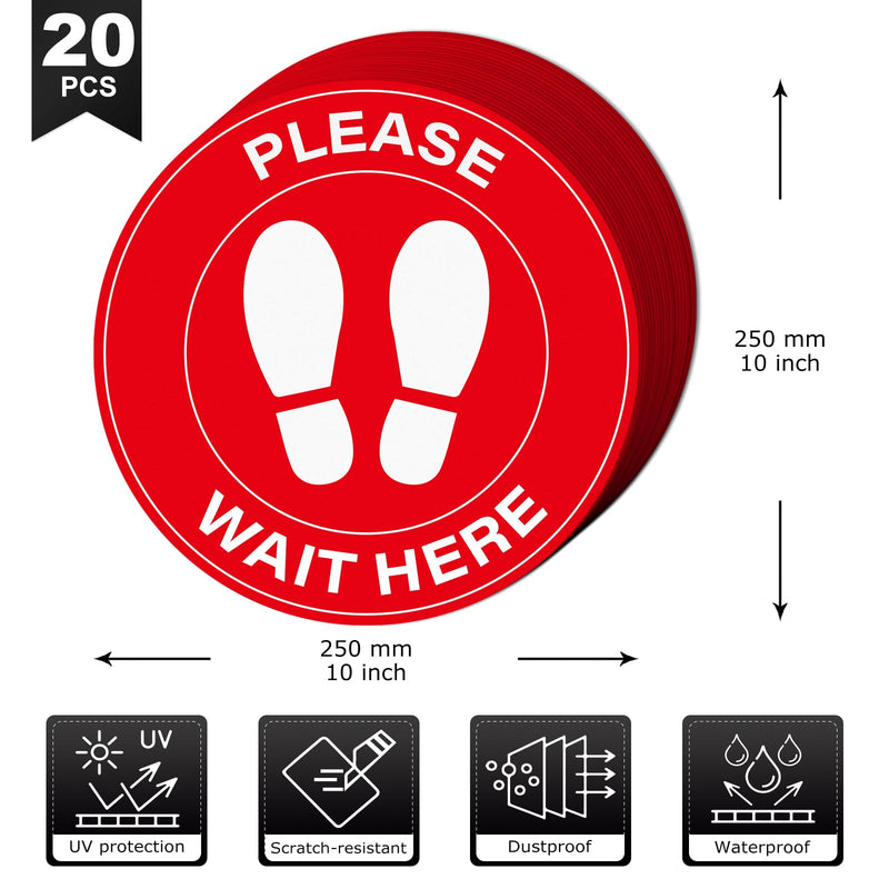 20 Pack Please Wait Here Sign 10 Inch Self Adhesive Waterproof Vinyl Wait Here Floor Stickers for Office Warehouse Classroom Clinic Indoor Outdoor