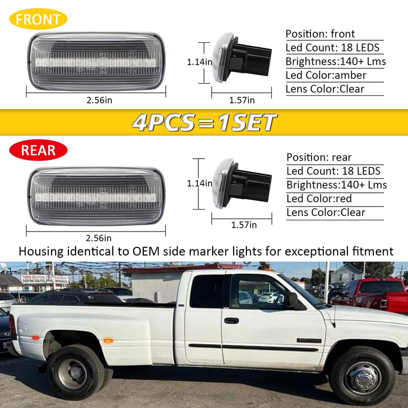 Bestview LED Dually Side Marker Lights for 2010-2018 Dodge Ram 2500 3500, Amber＆Red Smoke Lens Front&Rear Bumper Fender Turn Signal Lamp Assembly Kit accessories,Clear Lens(Pack of 4) Clear Lens