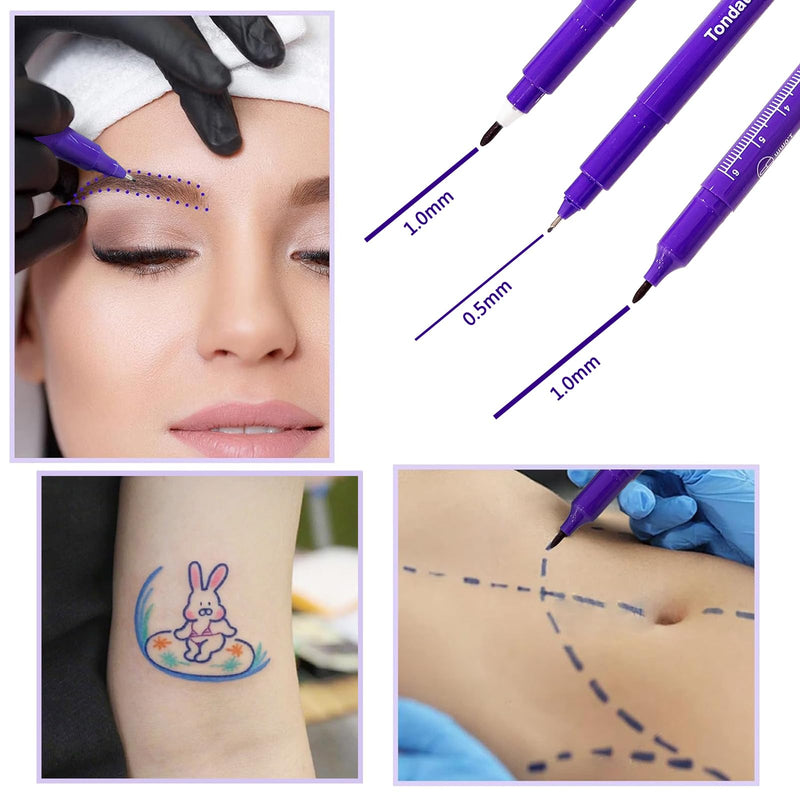 [Australia - AusPower] - 6Pcs Professional Surgical Tip Skin Marker Pen Purple Ink Stencil Markers Pen with Paper Ruler for Eyebrow, Tattoo Skin Marking Individually Wrapped 0.5MM & 1MM (Purple) 