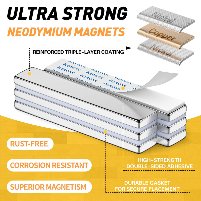 FINDMAG Silver Bar Magnets, 50 Pack Bar Magnets with Double-Sided Adhesive, Fridge Bar Magnet, Magnet for Fridge, Garage, Kitchen, DIY, 60x10x3mm 60x10x3 mm