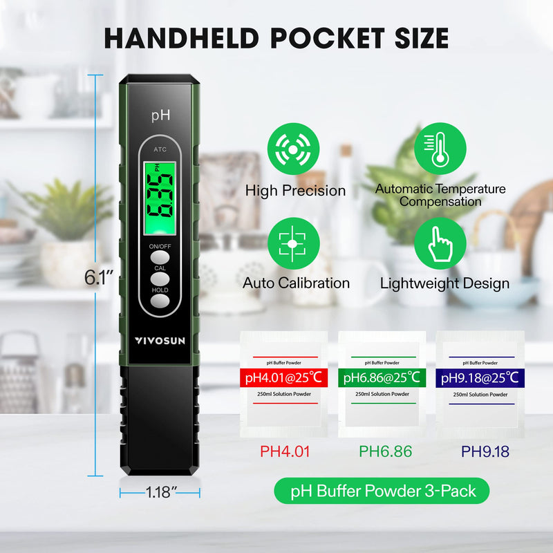 [Australia - AusPower] - VIVOSUN PH Meter Digital PH Tester Pen 0.01 High Accuracy Water Quality Tester with 0-14 PH Measurement Range for Household Drinking, Pool and Aquarium, with ATC, Army Green 