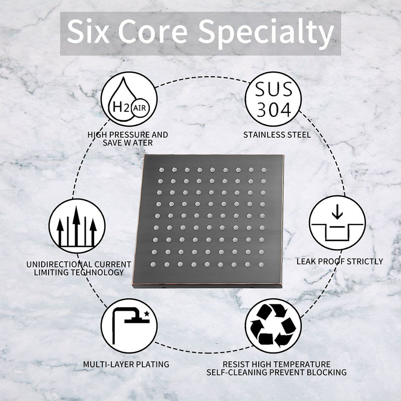 Shower Head GGStudy 8 inch Square Rain Stainless Steel High Pressure Oil Rubbed Bronze Shower Heads Rainfall Bath Shower Self-cleaning Silicone Nozzle 8inch