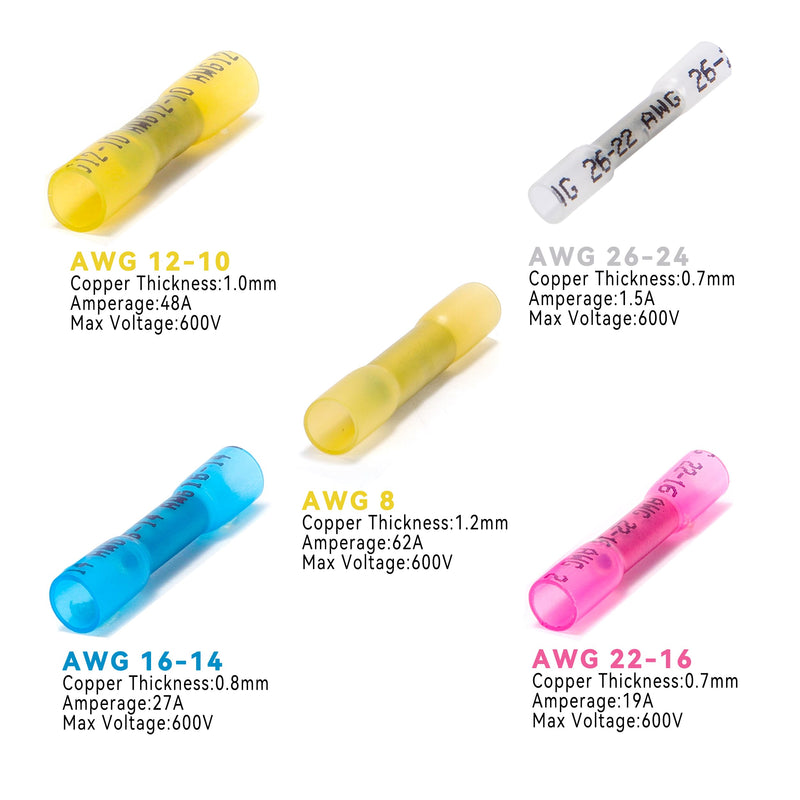 HKS 500 PCS Heat Shrink Butt Connector Blue 16-14 AWG - Electrical Connectors - Tinned Red Copper 0.8mm - Automotive Marine Stereo Boat Crimp - Waterproof and Insulated 16-14AWG