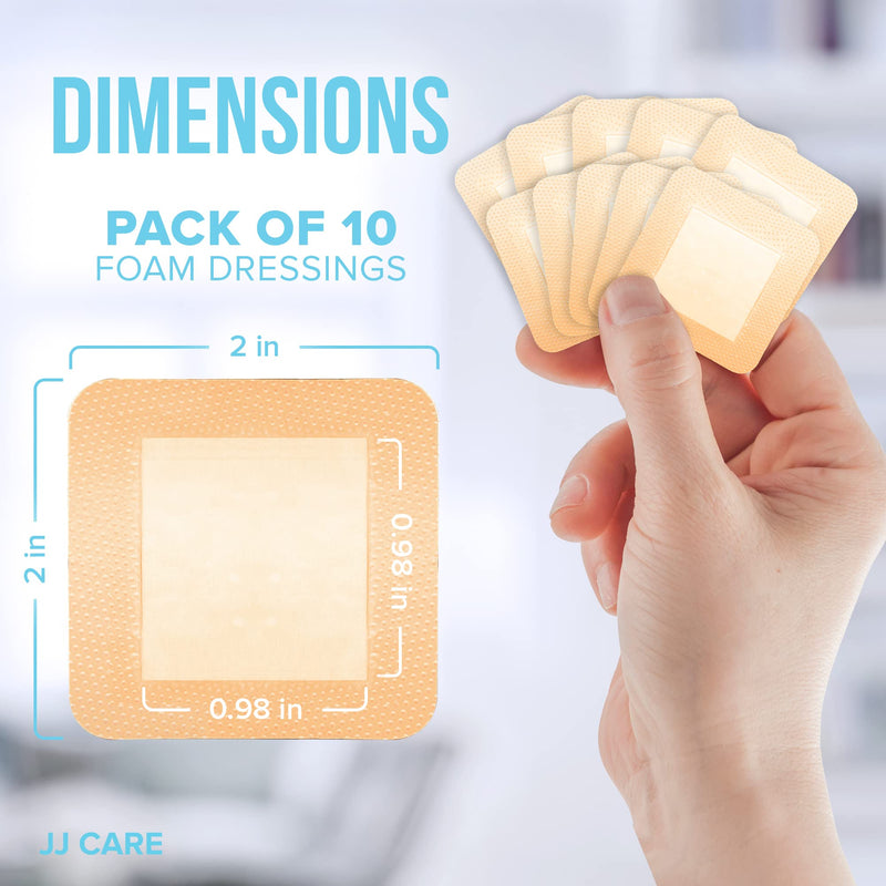 [Australia - AusPower] - JJ CARE Silicone Foam Dressing 2x2 [Pack of 10], Silicone Bandages for Wounds, Waterproof Wound Dressing with Silicone Adhesive Border, Absorbent Bed Sore Bandages for Wound Care 2x2 Inch (Pack of 10) 
