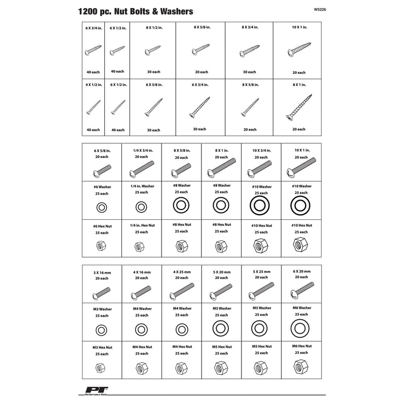 Performance Tool W5226 SEA/Metric Nut and Bolt Assortment with Case, 1,200 pieces W5226 1200pc Nut & Bolt Assortment