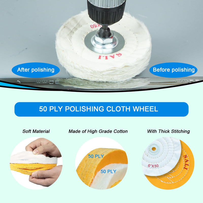[Australia - AusPower] - SALI 6 Pack Polishing Wheel for Bench Grinder Buffing Wheel 4 inch White Cotton (50 Ply) for Buffer Polisher Medium Polish Pad with 1/2 Inch Arbor Hole fine 