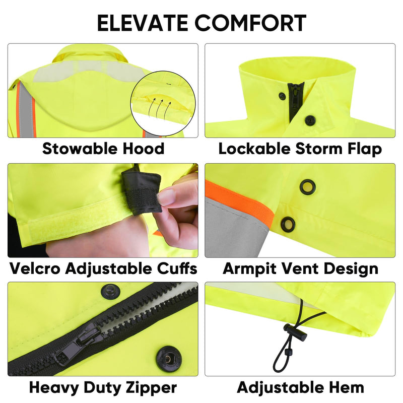 TICONN Reflective Rain Jacket Safety Jacket, Waterproof Hi Vis Rain Coat, Class III High Visibility Coat (Yellow&Black, S) Large Yellow