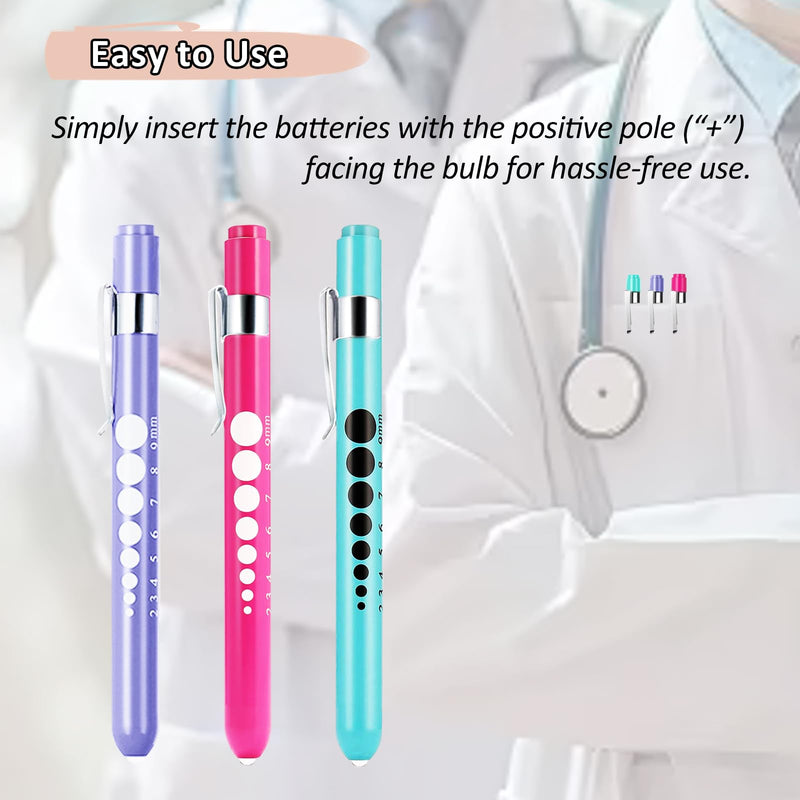 [Australia - AusPower] - Pen Light for Nurses, 3 Pack Medical Pen Lights with Pupil Gauge for Doctor Nurse Student with Baked Porcelain Finishing Aluminum Alloy Body Penlights, White Light Led, 6 AAA Powerful Batteries Pink + Sky Blue + Light Purple 
