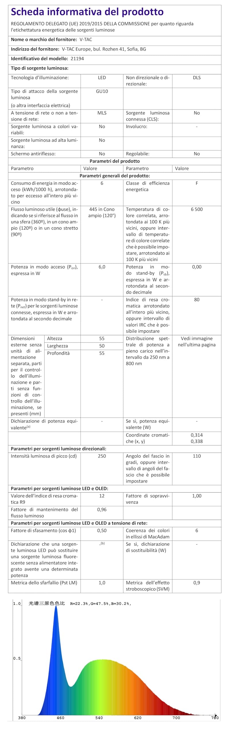 V-TAC 3 x LED Light Bulbs GU10-6 W (Equivalent to 60 W) - 445 Lumens - Chip Samsung - Maximum Efficiency and Energy Saving - GU10 Spot LED Bulbs - Light 6500 K Cool White - Pack of 3 Cold White