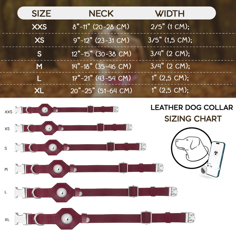 Leather Dog Collar with Airtag Holder - Soft Adjustable Airtag Dog Collar with Metal Buckle - GPS Tracking Apple Air Tag Pet Collar for Small Large Dogs (Burgundy, XL, 20"-25" Neck Fit) Burgundy