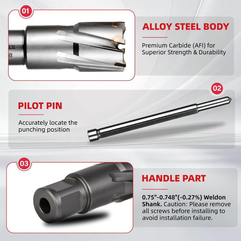 ANGELSWORD TCT Annular Cutter Diameter 1", Cutting Depth 2" Tungsten Carbide Tipped, Mag Drill Bits Kit for Magnetic Drill Press, with One 5/16"*4" Pilot Pin J. 26mm(1"+0.02") TCT 2" Cut Depth