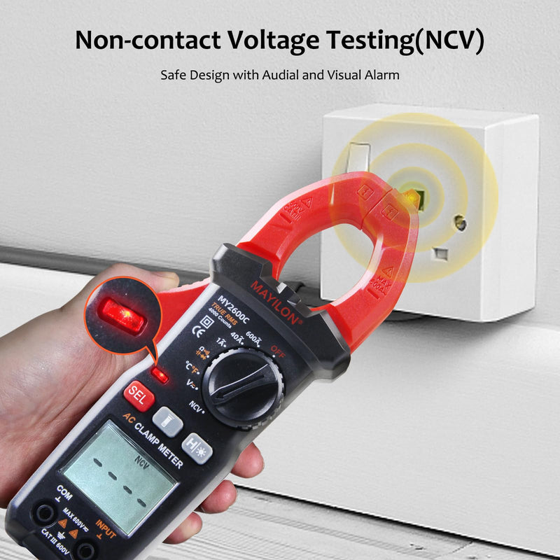 [Australia - AusPower] - MY2600C Clamp Meter AC 600A Amp Meter, 4000 Counts Digital Multimeter Voltage Tester, Measures Temperature, NCV, Voltage and Current Test, Diode, Resistance, Capacitance, Continuity 