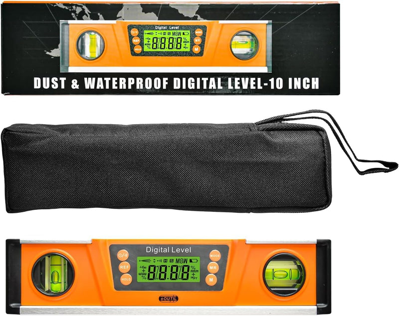 [Australia - AusPower] - Digital Level and Protractor, 10 Inch IP54 Protected Electronic Bubble Inclinometer Angle Finder Gauge with Large LED Backlight Display & Magnetized V-Groove Base Carrying Bag Included (orange) 