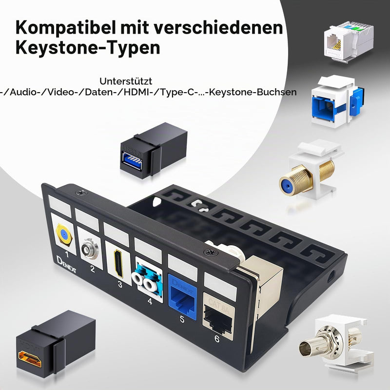 6 Port Patch Panel Patch Panel for 14.9 mm x 17 mm Keystone Module Compatible with Ethernet LAN RJ45 Coaxial Connector BNC F Connector Antenna Connector RJ-11 RCA Jack USB Toslink HDMI Black 6 Port
