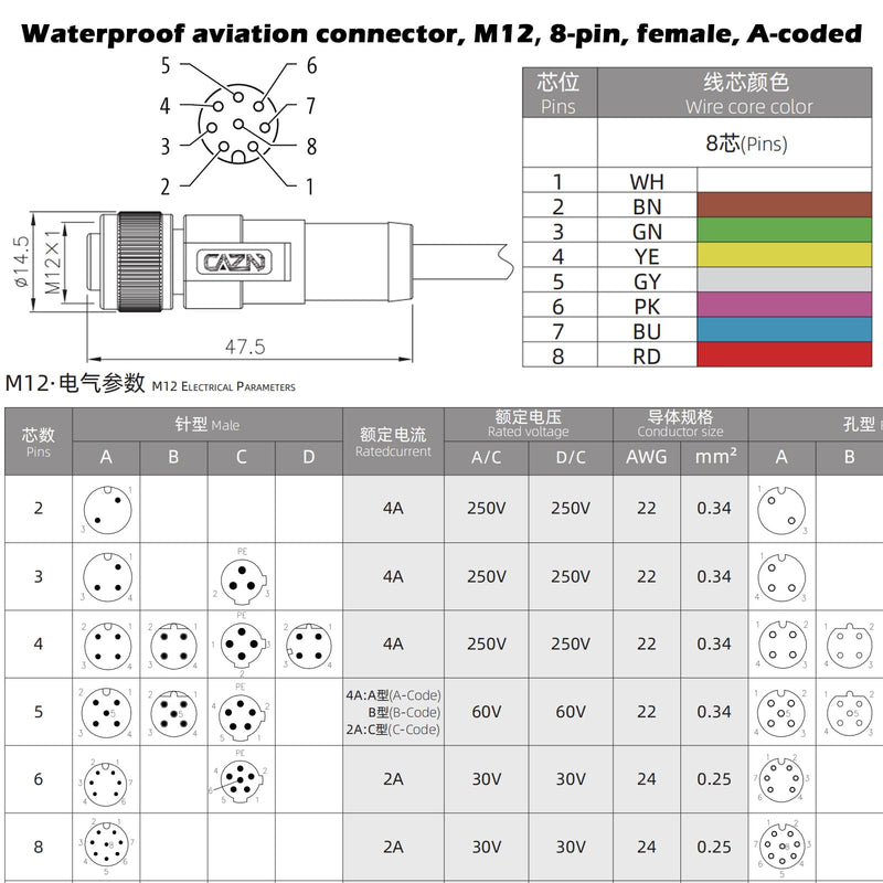 [Australia - AusPower] - M12 A Coded 8 Pin Female Aviation to Flying Leads Cable Shielded for Actuator Sensor Signal Industrial Controls Automation, Device Network DeviceNet, CANopen, IO Link, Profibus 2m 8 pin female to open 
