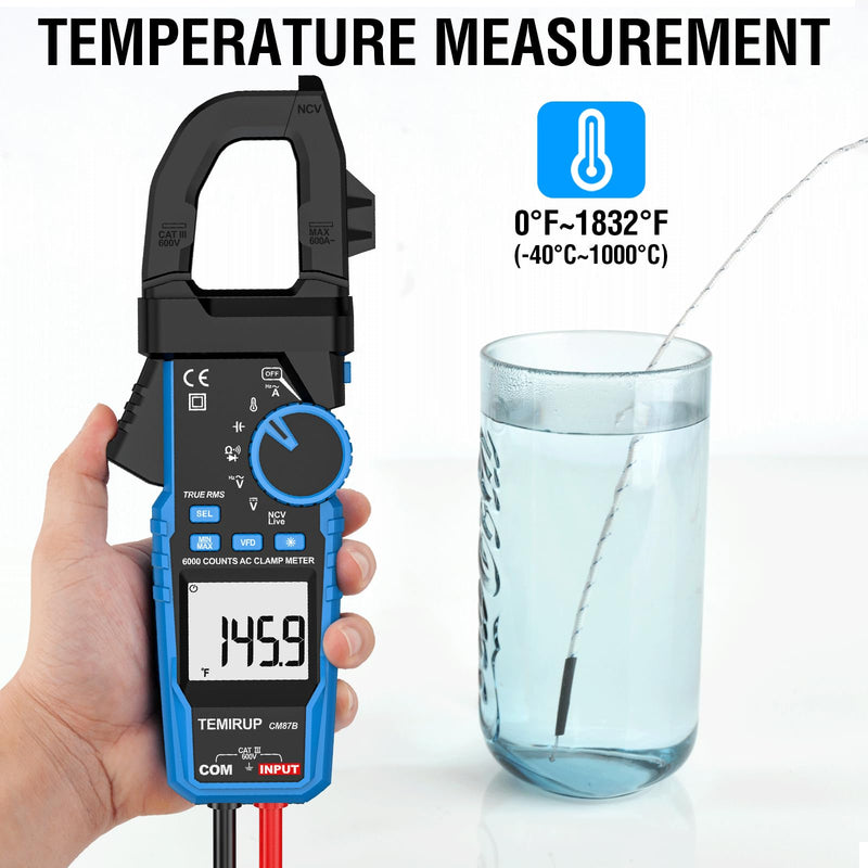 [Australia - AusPower] - Digital Clamp Meter Multimeter - TEMIRUP Auto-ranging 6000 Counts Amp Voltage Tester with D-Shaped Jaw VFD Mode, Measuring NCV, AC/DC Voltage AC Current Temperature Capacitance Resistance Continuity 600A AC Clamp Meter 