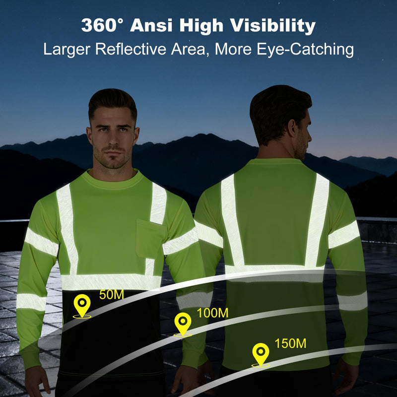 FONIRRA Safety Reflective High Visibility Shirts for Men ANSI Class 3 Hi Vis Long Sleeve Construction Work T-Shirts with Durable Reflective Tape, Yellow 3XL 3X-Large