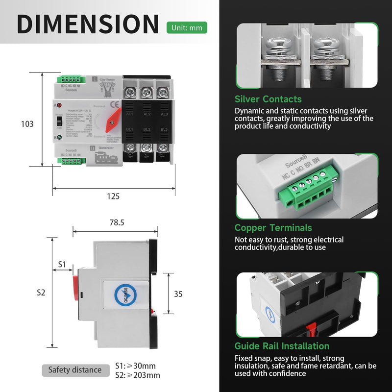 [Australia - AusPower] - 100Amp AC110V Automatic/Manual Transfer Switch 3P 50/60Hz, 3POLE 100A Mini ATS Solar Auto Dual Power Switch W2R for Home Generator, Din Rail Mount Cn Automatic Changeover Fast Transfe for,Rv,Lv Power ATS 3P 100A AC110V 