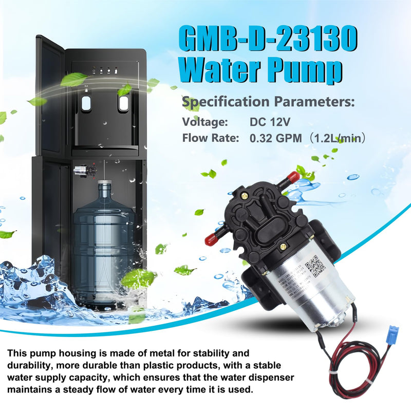 GMB-D-23130 Water Pump, DC 12V, 0.32 GPM, Compatible Primo Water Dispenser Parts, Avalon Water Dispenser Parts, Brio Bottle Bottle Water Cooler Water Dispenser Parts Replacement Replace DP005A2