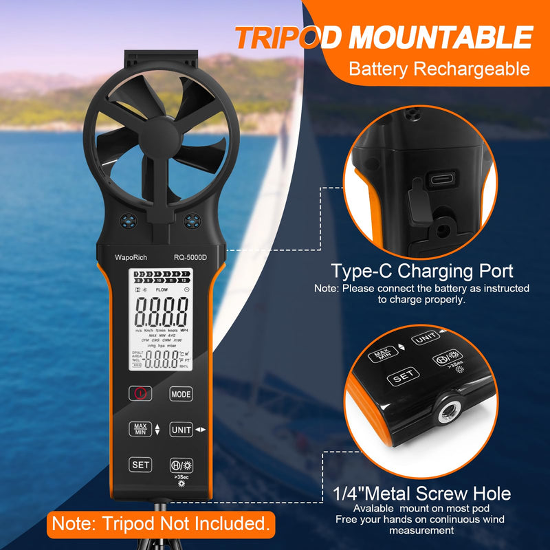 [Australia - AusPower] - Wind Meter CFM Meter, WapoRich Anemometer Handheld Wind Speed Meter Digital Wind Meter Rechargeable Measures Air Volume/Wind Speed/Temp with MAX/MIN for HVAC Drone RQ-5000D 