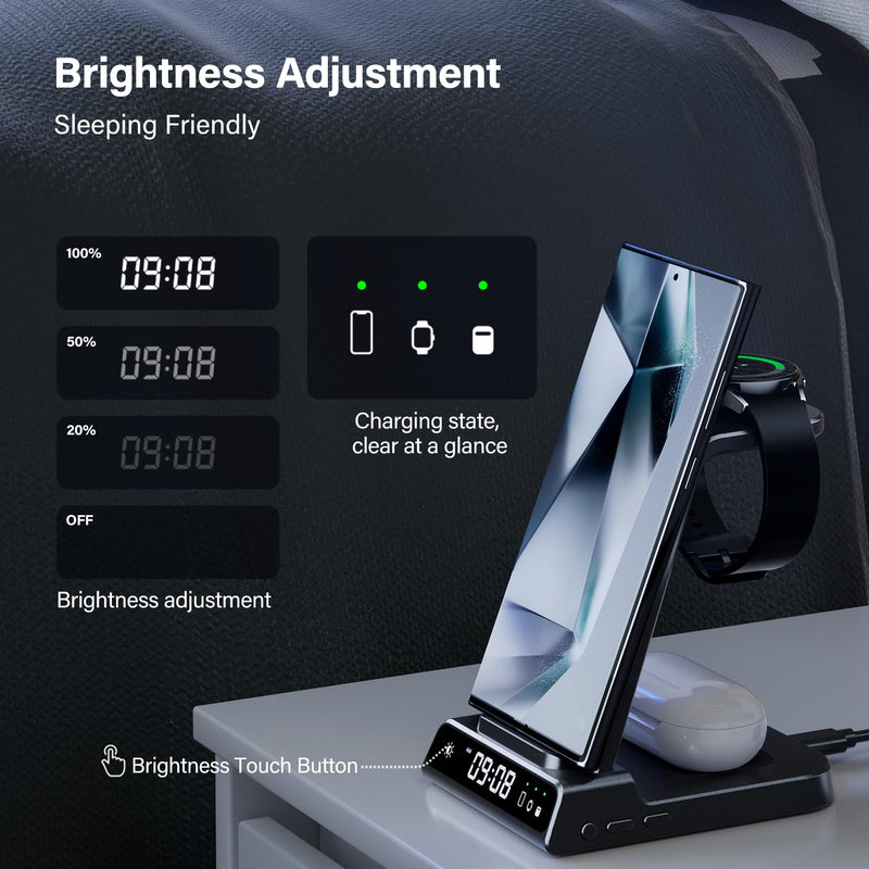 [Australia - AusPower] - Wireless Charger for Samsung, 3 in 1 Wireless Charging Station for Samsung Galaxy S24 Ultra/S23 Ultra/S22/S21/Note 20/Z Flip 5/Fold 5, Charger for Samsung Galaxy Watch 6/5/4, Galaxy Buds 2/Pro/+ Black 