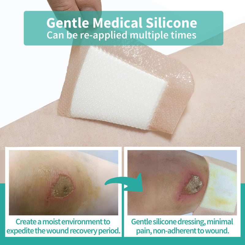 [Australia - AusPower] - Silicone Foam Dressing with Border Adhesive - Large Absorbent Waterproof Bandage for Wound Care, Foot Diabetic Ulcer, Leg Ulcer, 4" x 4", 5 Pack, FSA HSA Eligible 4 x 4 Inch (5PCS) 