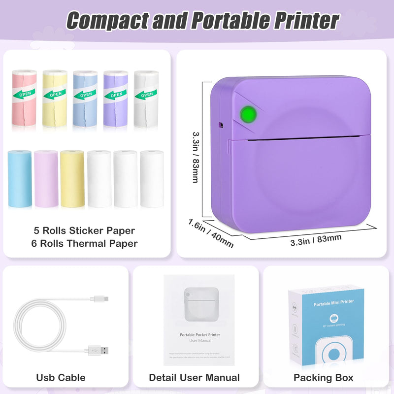 [Australia - AusPower] - Mini Sticker Printer,Mini Pocket Thermal Printer with 11 Rolls Paper,Bluetooth Inkless Printer Compatible with Android & iOS,Portable Receipt Printer for Photo,Journal,Memo,Travel,Purple Purple 