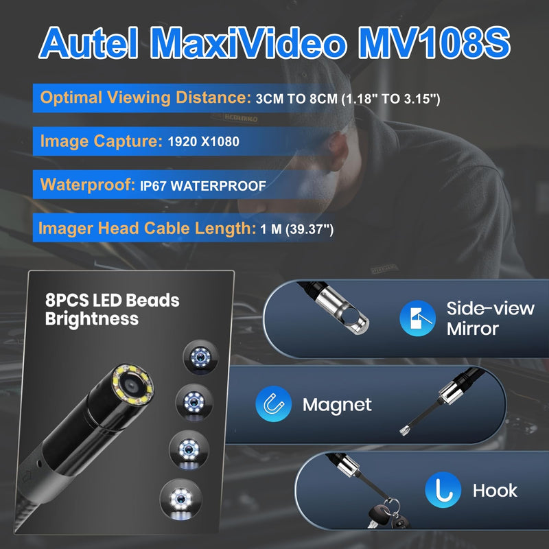 [Australia - AusPower] - Autel MaxiVideo MV108S Digital Inspection Camera Work with PC MX808 MX900 MS906Pro MS908 MS909 MS919 Ultra, Video Inspection Scope, Waterproof Imager Head, USB Industrial Endoscope, IP67 Waterproof 