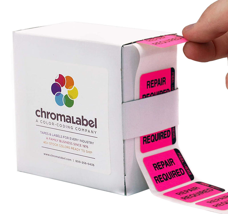 ChromaLabel 1 x 1.50 Inch Fluorescent Pink and Yellow Double Layer Quality Control Label, 250 per Dispenser Box, Imprinted: Repair Required, Repaired