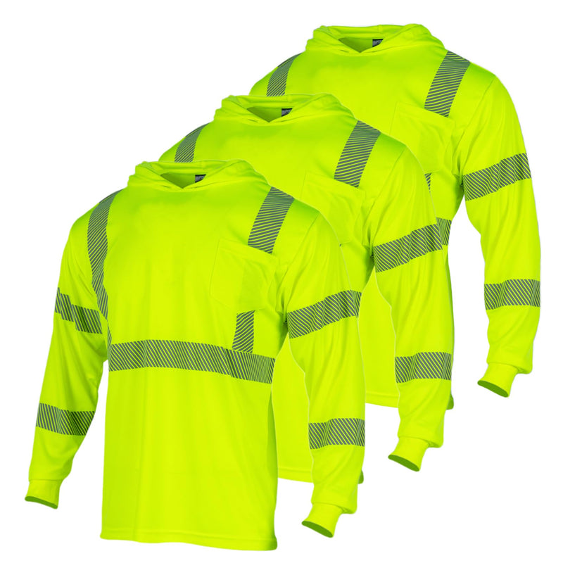 FONIRRA 3PCS Hi Vis Shirts for Men Safety Reflective Long Sleeve with Hood High Visibility Construction Work T-Shirt Large Yellow-3pcs